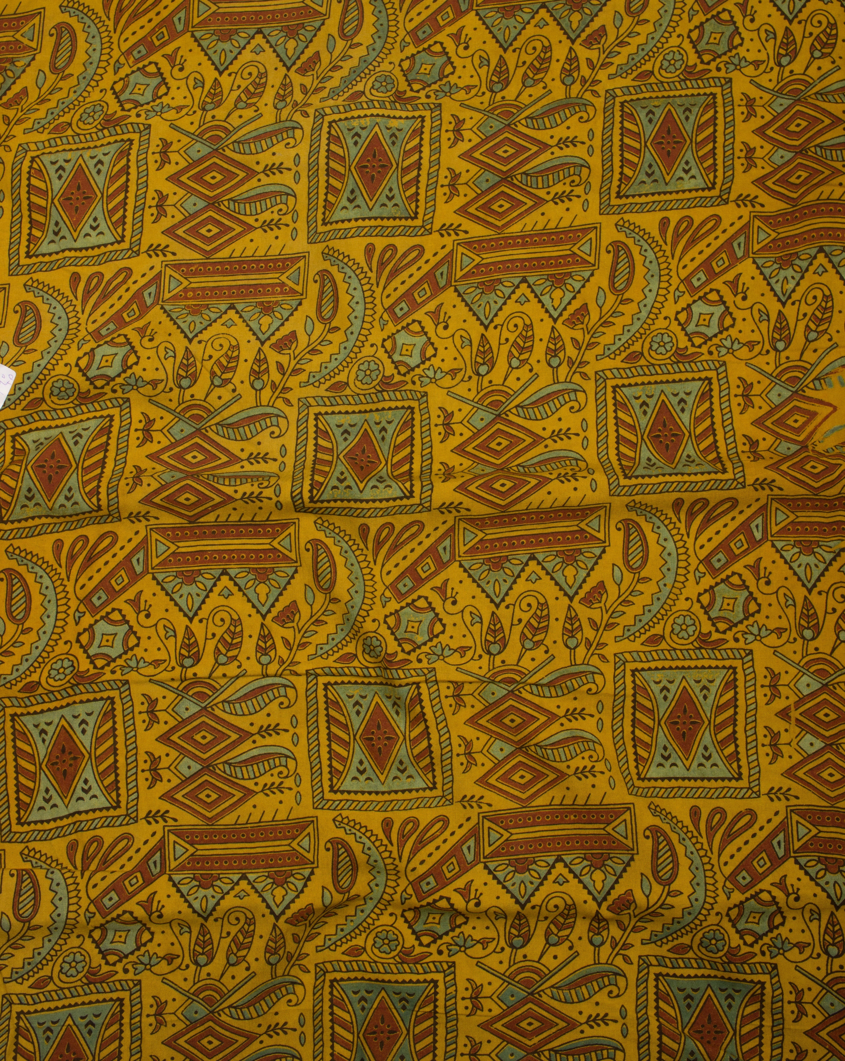Yellow Green Floral Pattern Ajrak Screen Print Natural Dye Rayon Fabric - Fabriclore.com