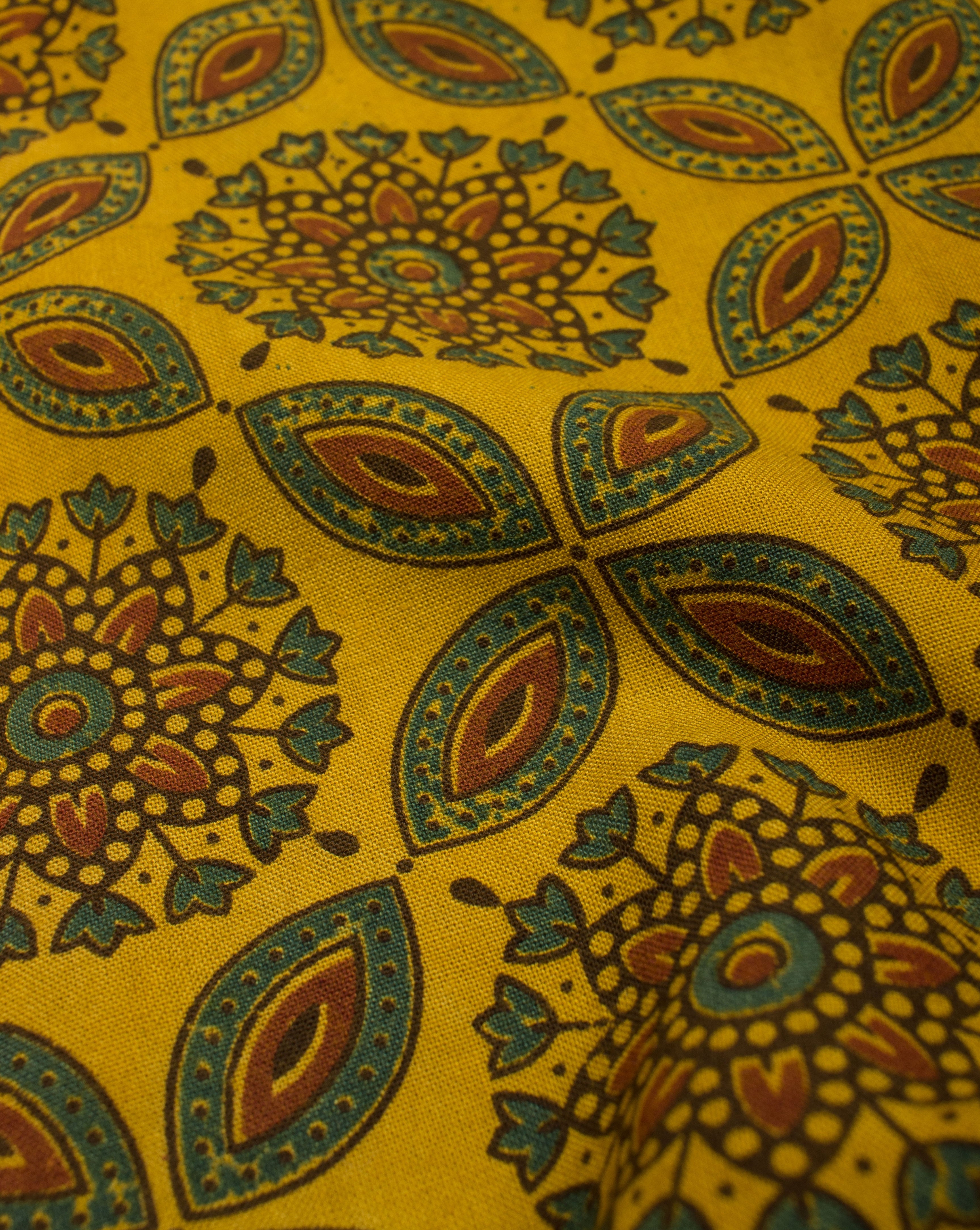 Yellow Green Floral Ajrak Screen Print Natural Dye Rayon Fabric - Fabriclore.com