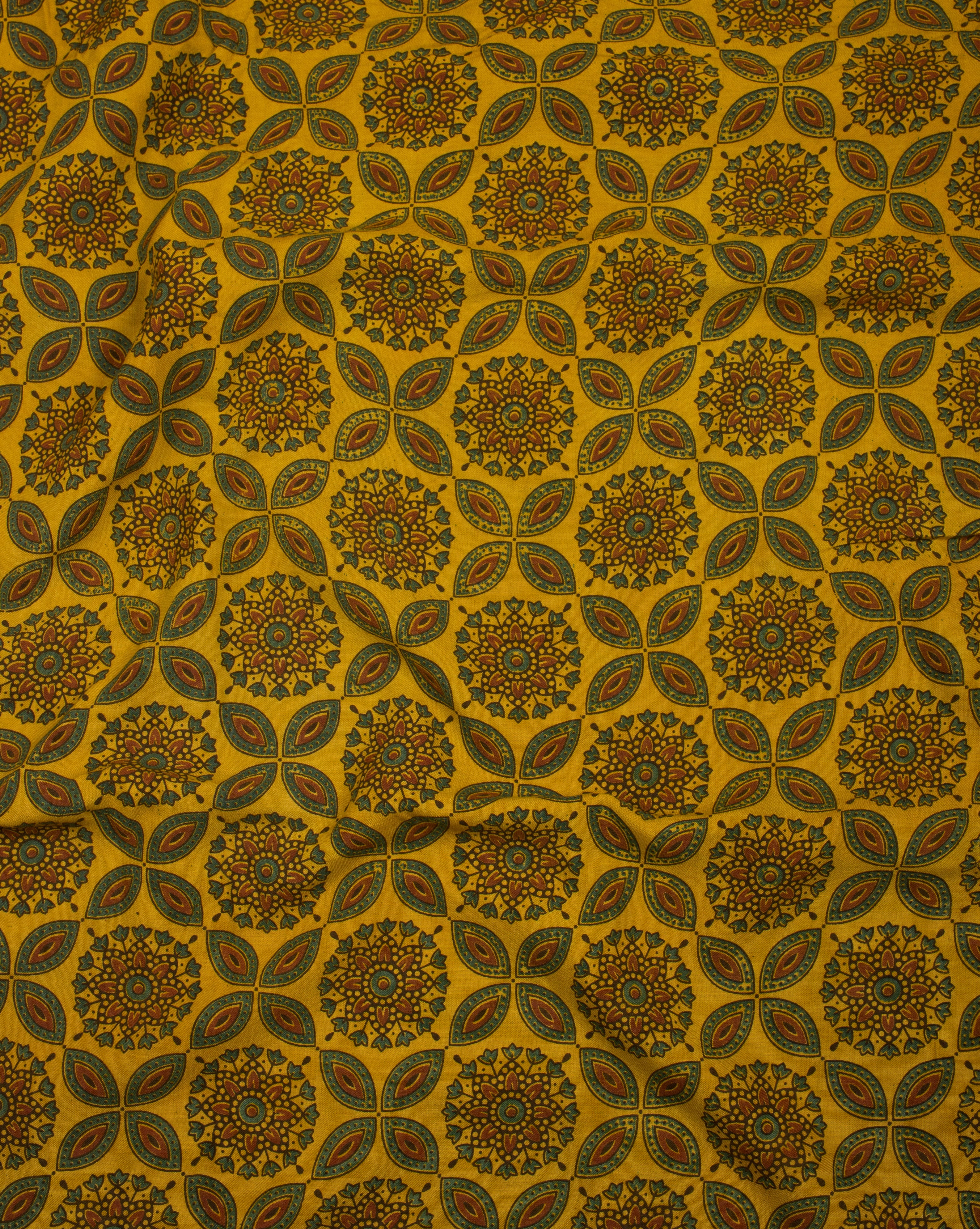 Yellow Green Floral Ajrak Screen Print Natural Dye Rayon Fabric - Fabriclore.com