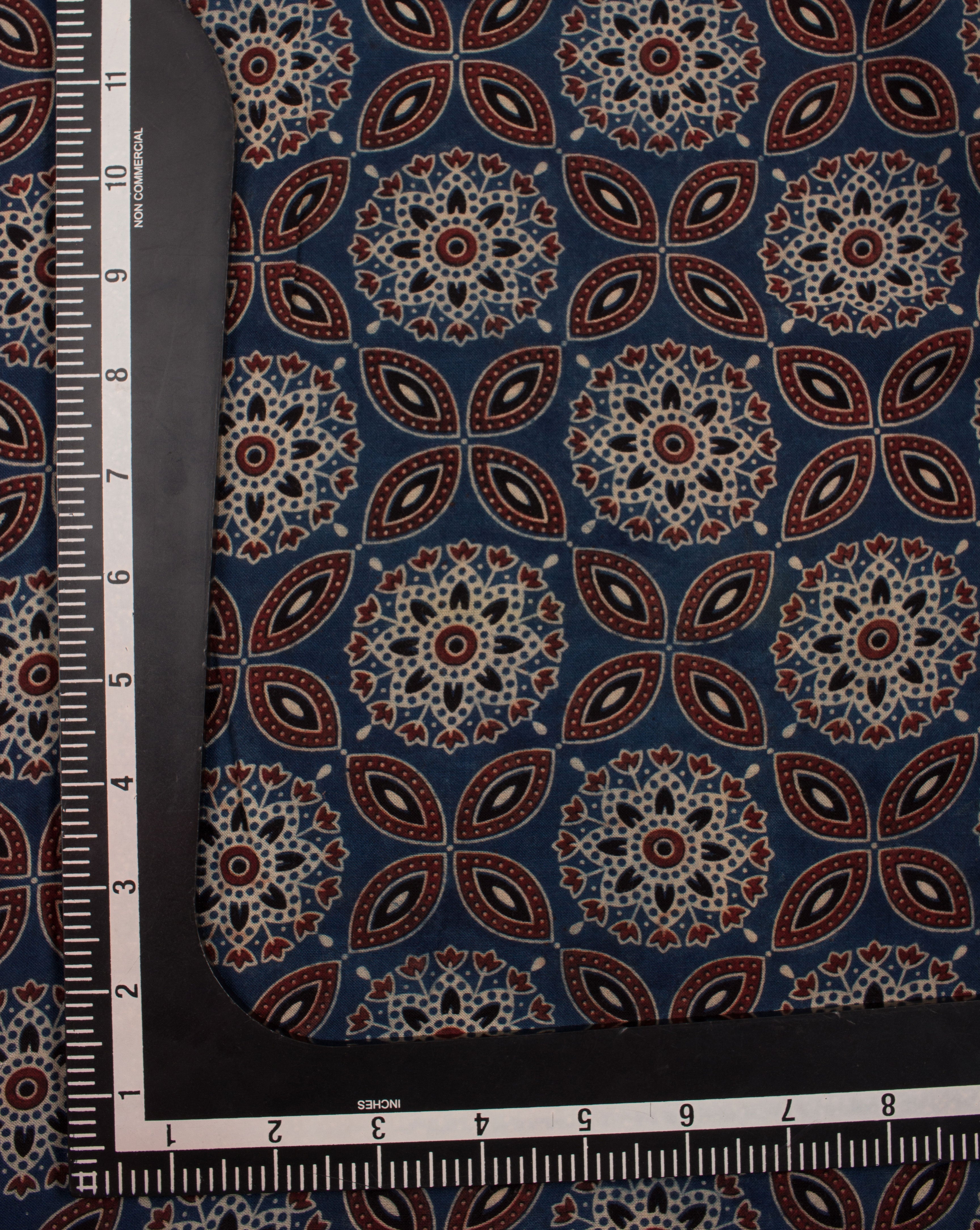 Blue Red Floral Ajrak Screen Print Natural Dye Rayon Fabric - Fabriclore.com