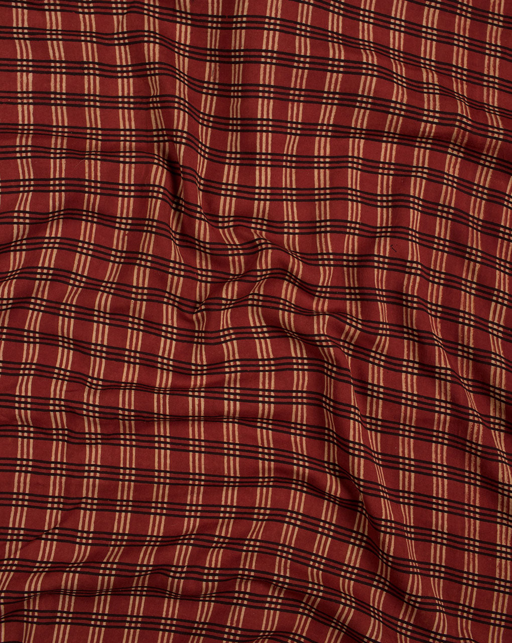 Red Off-White Checks Pattern Ajrak Screen Print Rayon Modal Fabric - Fabriclore.com