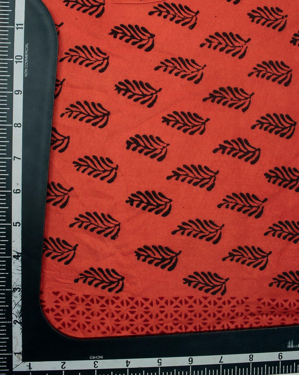 ( Pre-Cut 1.5 MTR ) Orange Black Booti Pattern Bordered Hand Block Bagh Print Rayon Fabric - Fabriclore.com
