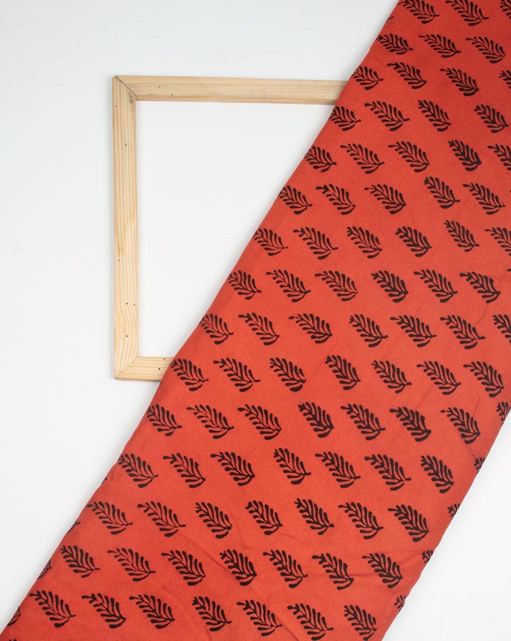( Pre-Cut 1.5 MTR ) Orange Black Booti Pattern Bordered Hand Block Bagh Print Rayon Fabric - Fabriclore.com