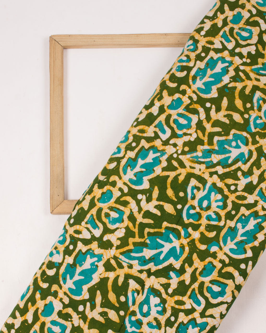 Green Off-White Floral Hand Block Wax Batik Rayon Fabric - Fabriclore.com