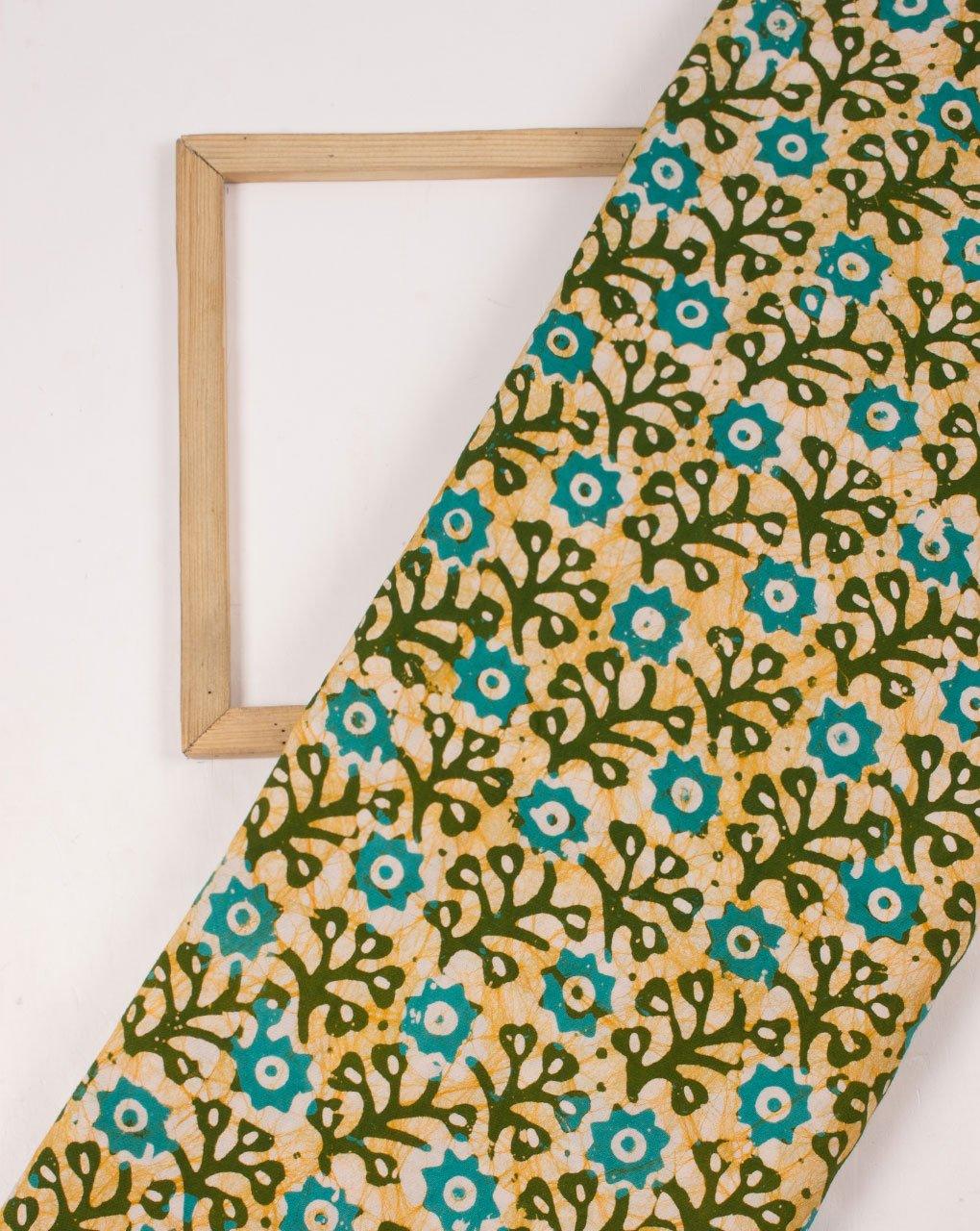 ( Pre-Cut 1.75 MTR ) Green Off-White Floral Hand Block Wax Batik Rayon Fabric - Fabriclore.com