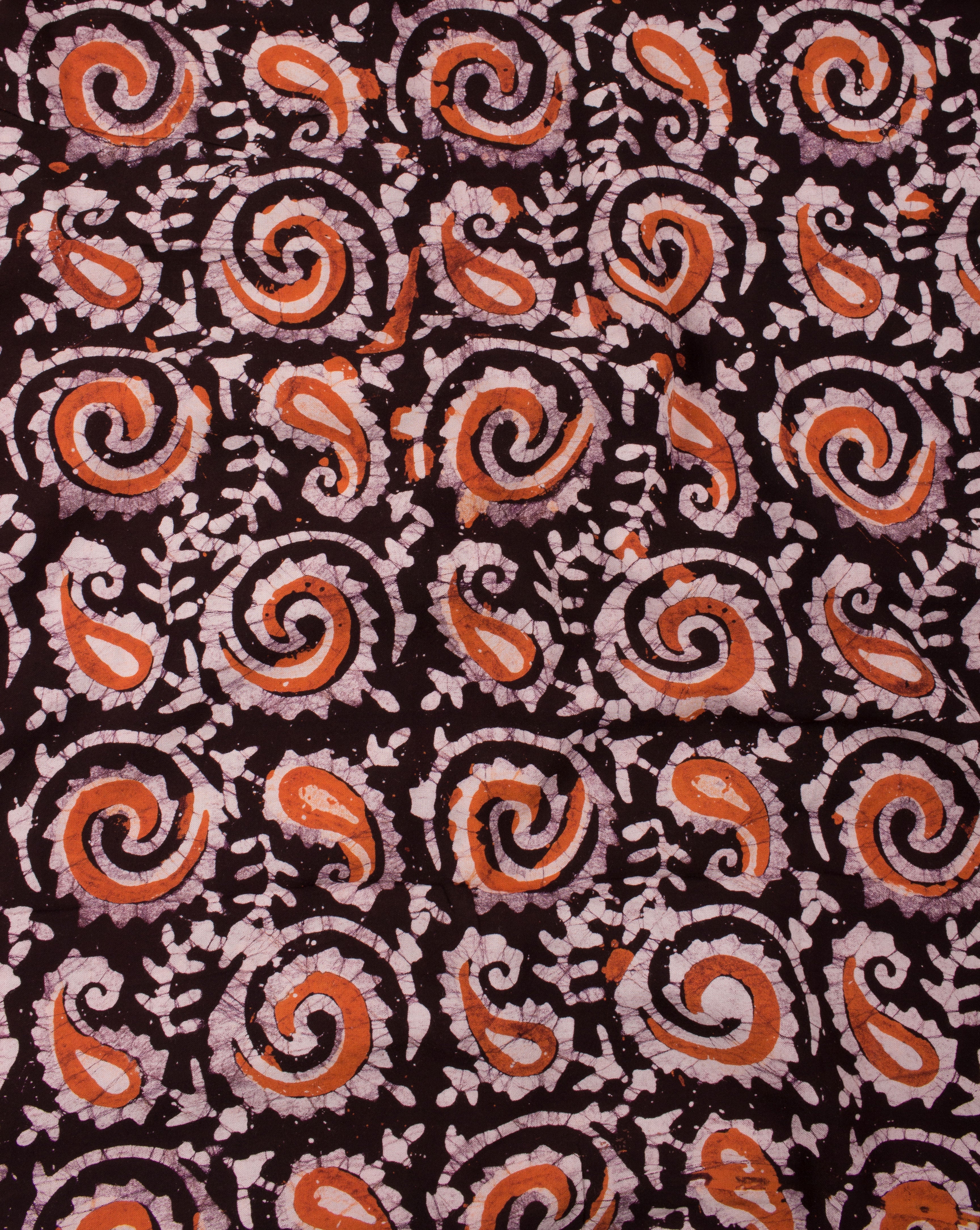 Orange Off-White Floral Hand Block Wax Batik Rayon Fabric - Fabriclore.com