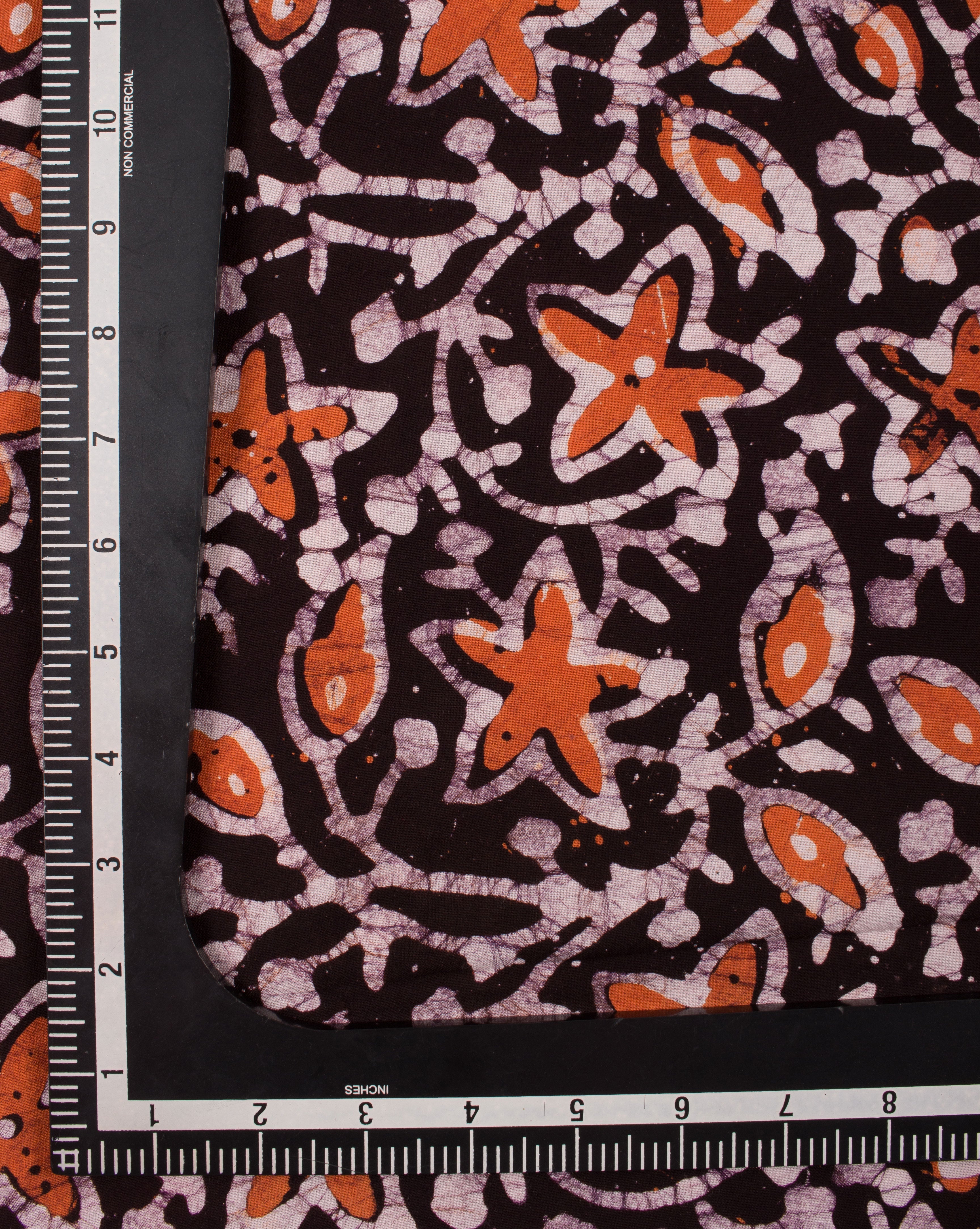 Brown Off-White Floral Hand Block Wax Batik Rayon Fabric - Fabriclore.com