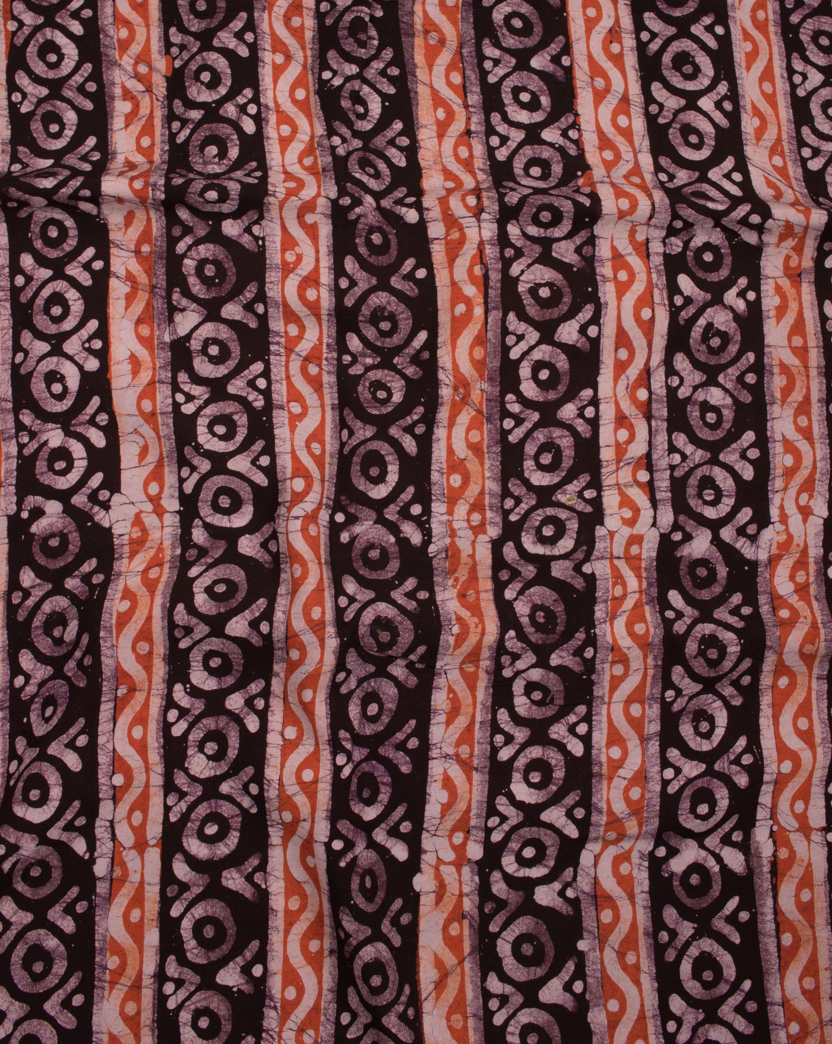 Brown Off-White Stripes Wax Batik Rayon Fabric - Fabriclore.com