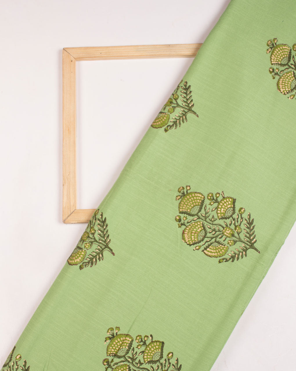 Green Gold Floral Pattern Foil Hand Block Slub Rayon Fabric - Fabriclore.com