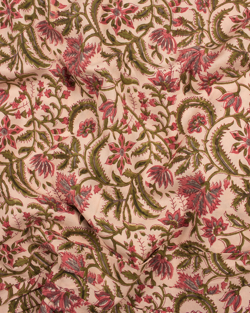 Peach Green Floral Hand Block Certified Antimicrobial Rayon Fabric - Fabriclore.com