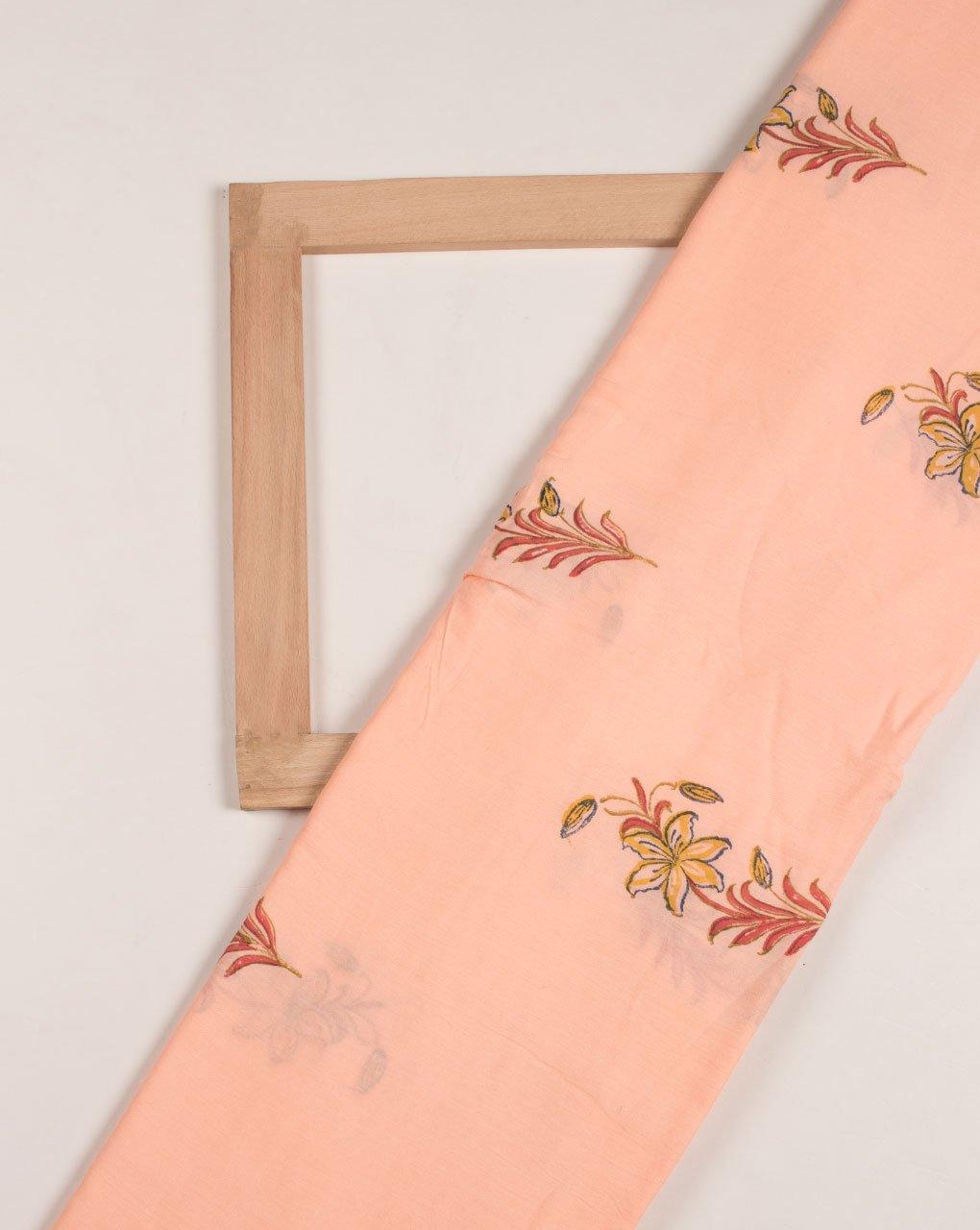 ( Pre-Cut 1.5 MTR ) Peach Floral Hand Block Rayon Modal Fabric - Fabriclore.com