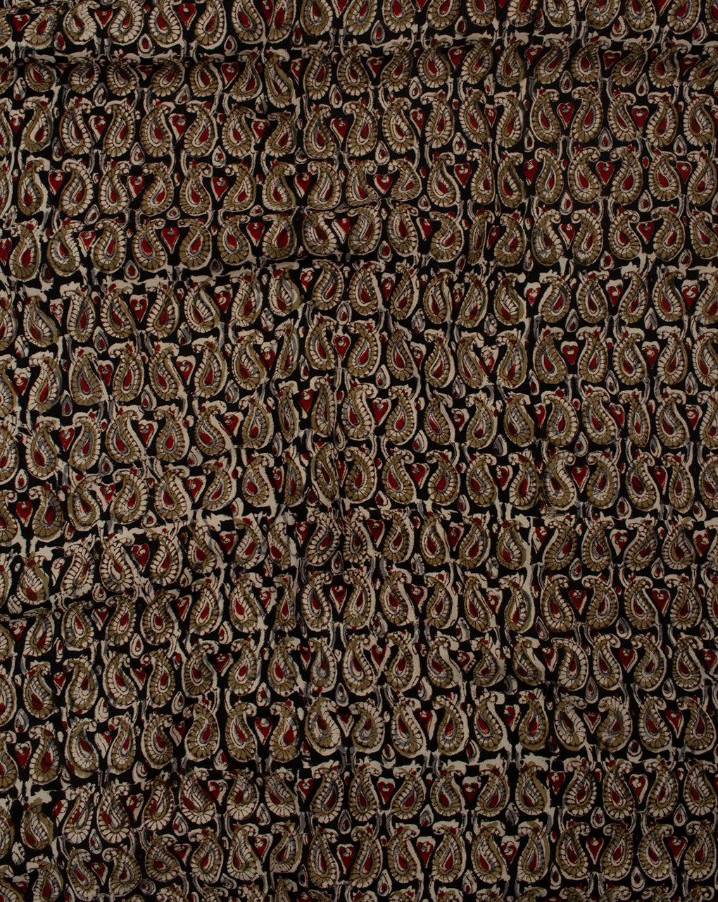 Black Off-White Paisley Pattern Hand Block Kalamkari Rayon Fabric - Fabriclore.com