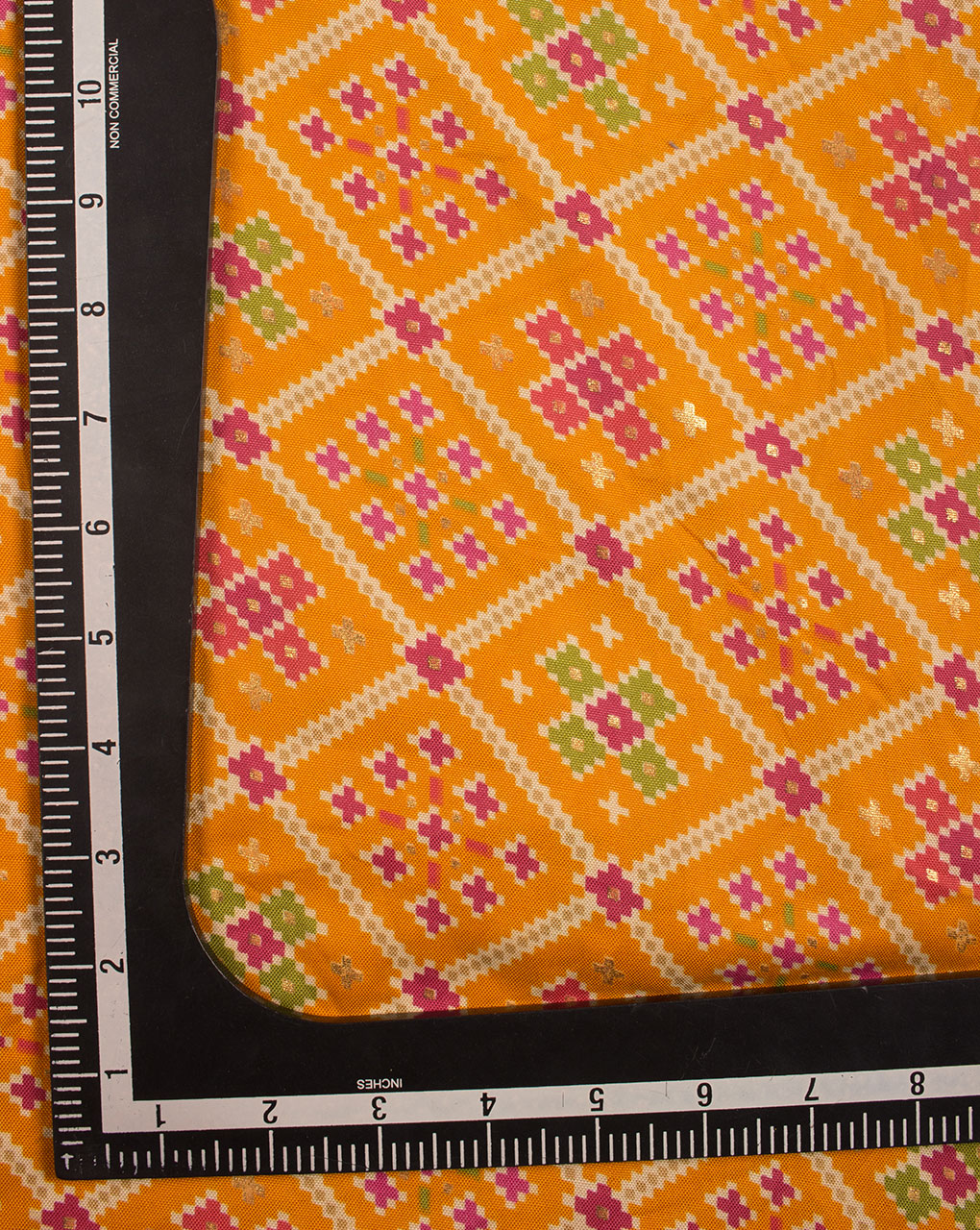 Yellow Geometric Pattern Screen Print Rayon Fabric - Fabriclore.com