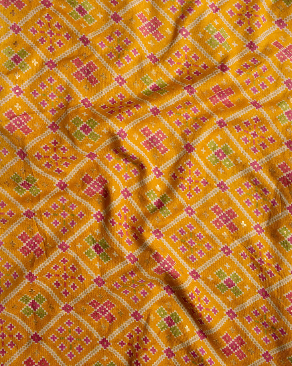 Yellow Geometric Pattern Screen Print Rayon Fabric - Fabriclore.com