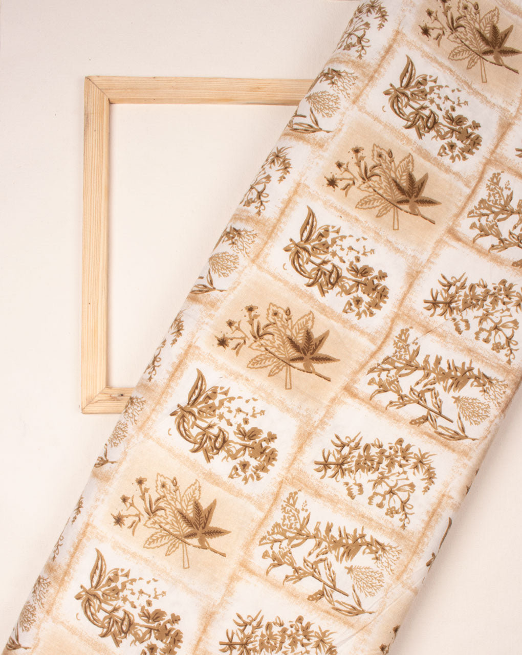 White Beige Floral Pattern Screen Print Rayon Fabric - Fabriclore.com