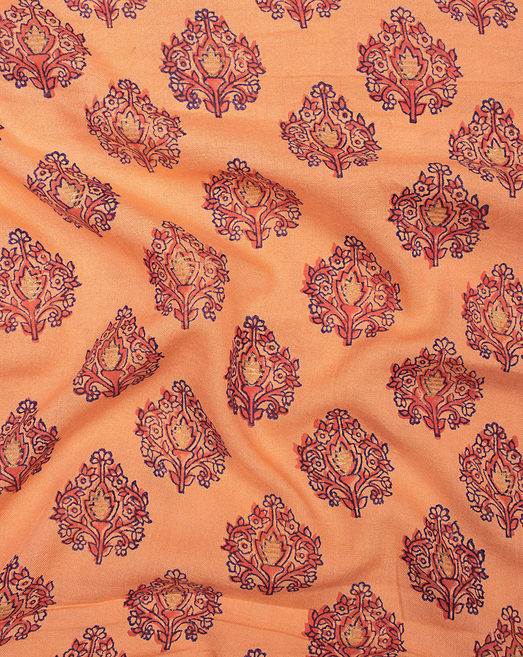 Peach Blue Booti Pattern Screen Print Rayon Fabric ( Width 46 Inch ) - Fabriclore.com