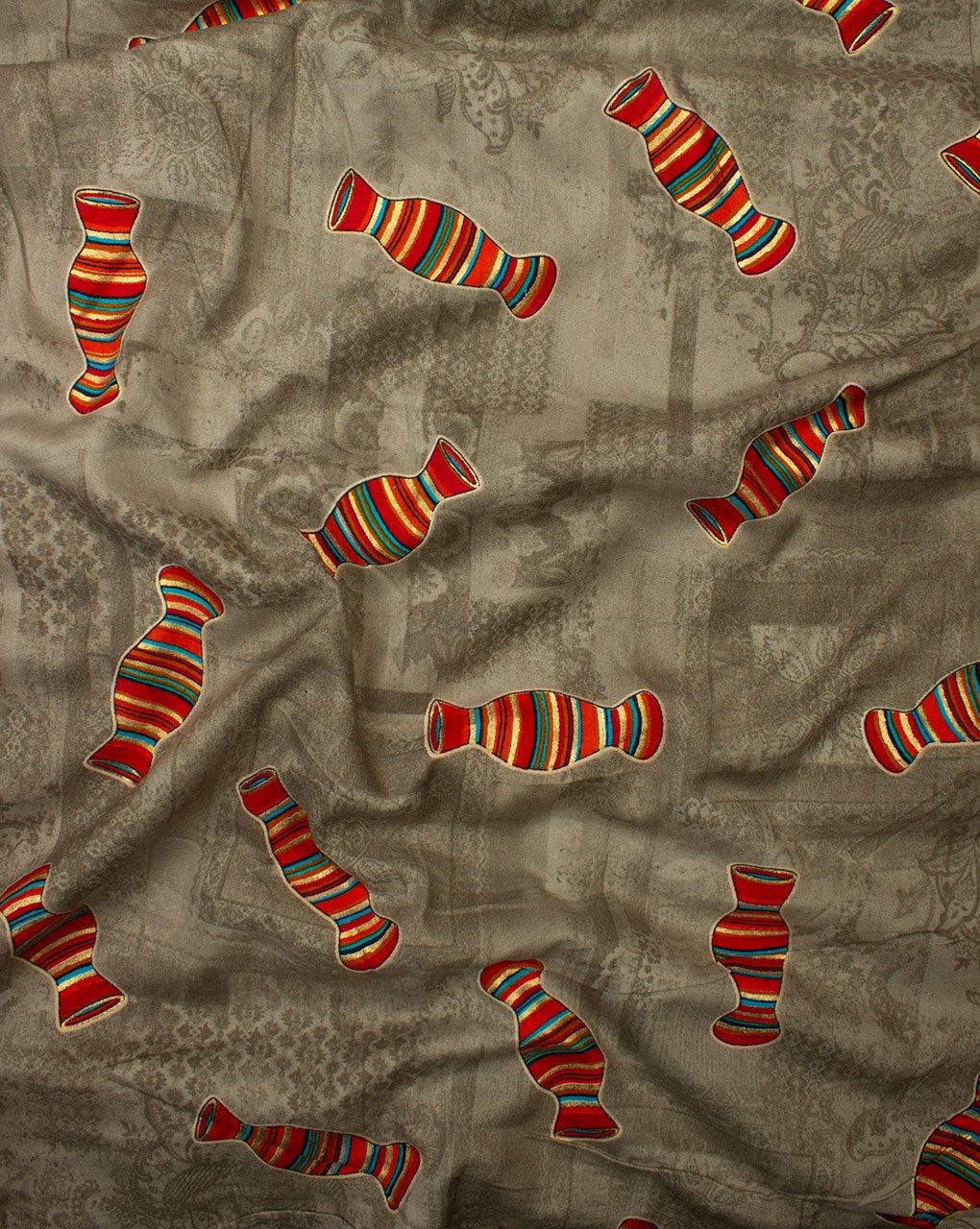 ( Pre-Cut 1.5 MTR ) Brown Red Objects Pattern Screen Print Rayon Fabric - Fabriclore.com