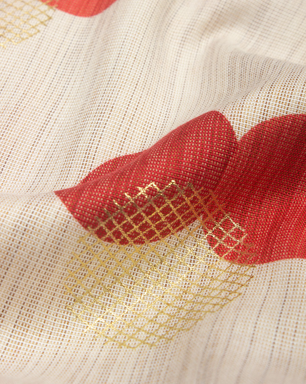 Off-White Red Geometric Pattern Foil Screen Print Rayon Fabric - Fabriclore.com