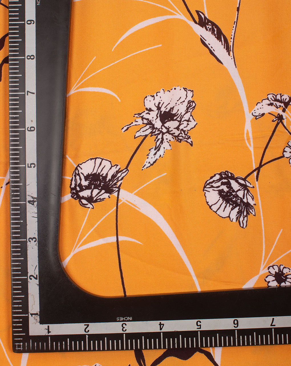 Light Orange Black Floral Pattern Screen Print Rayon Fabric - Fabriclore.com