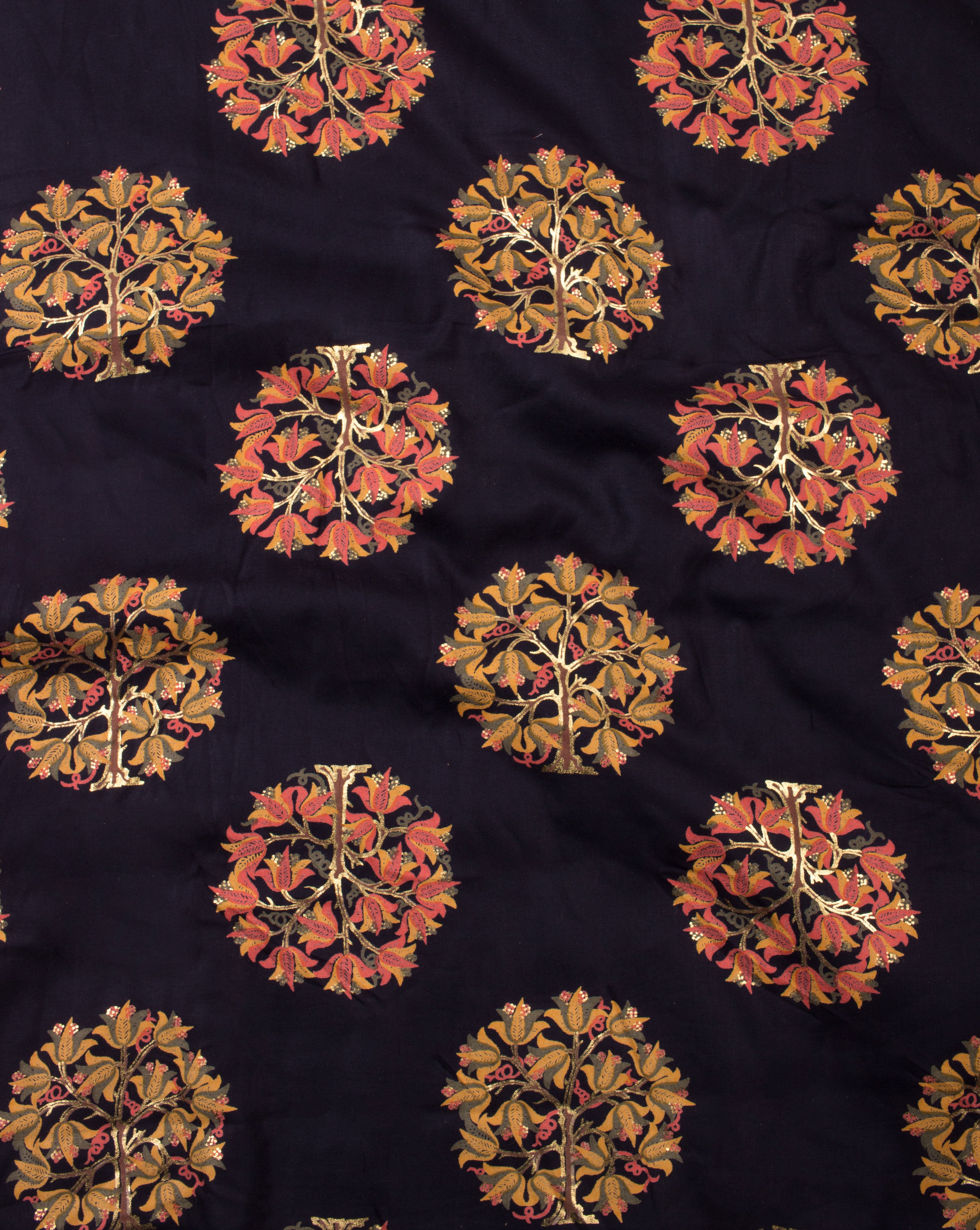 Navy-Blue Gold Floral Pattern Foil Discharge Print Rayon Fabric - Fabriclore.com