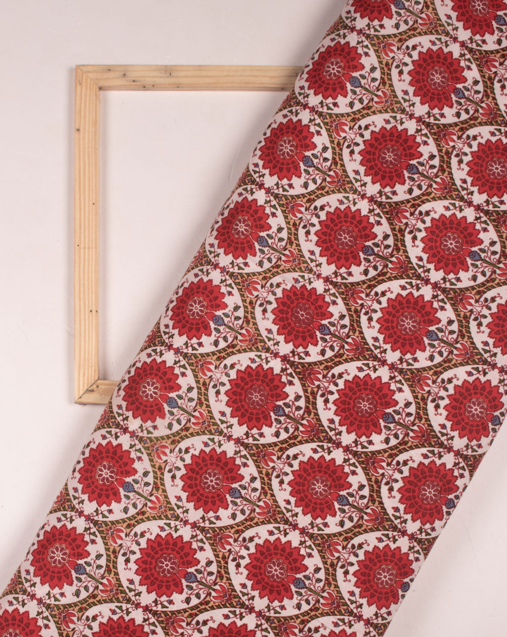 White Red Floral Pattern Screen Print Rayon Fabric - Fabriclore.com