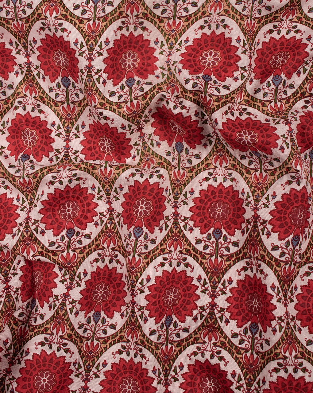 White Red Floral Pattern Screen Print Rayon Fabric - Fabriclore.com