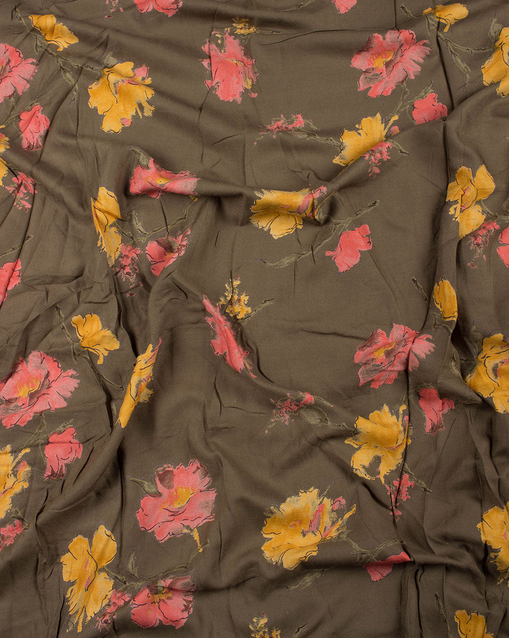 Olive Green Floral Screen Print Rayon Fabric - Fabriclore.com