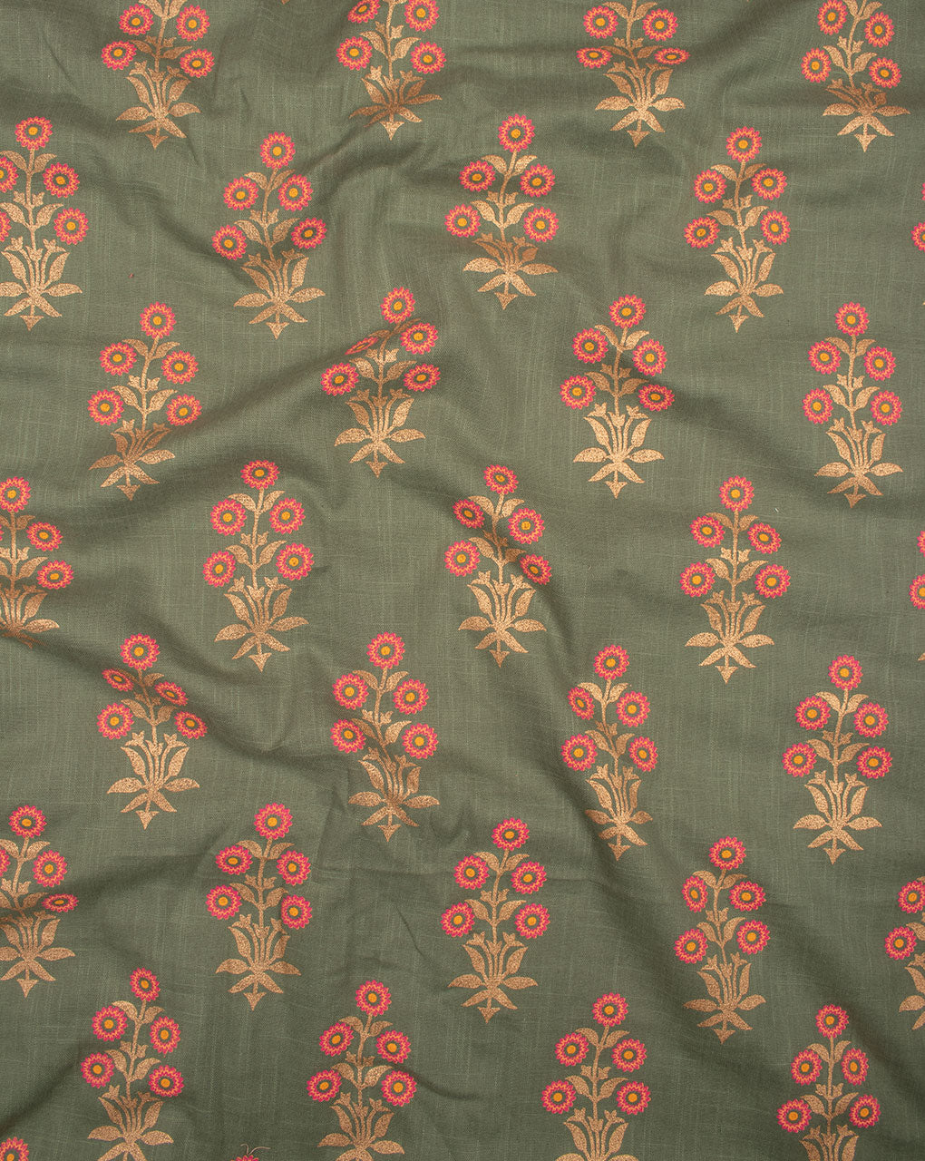 Artichoke & Pink Floral Gold Foil Screen Print Slub Cotton Fabric - Fabriclore.com