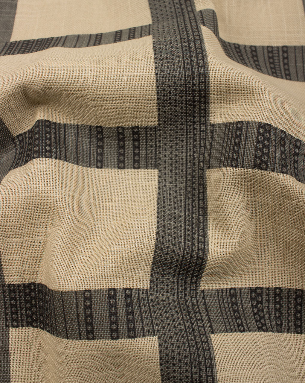 Grey Beige Checks Pattern Screen Print Slub Cotton Fabric - Fabriclore.com