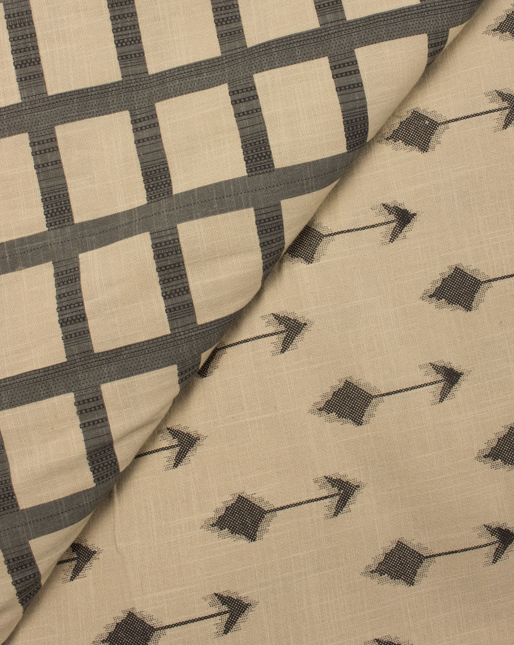 Grey Beige Checks Pattern Screen Print Slub Cotton Fabric - Fabriclore.com