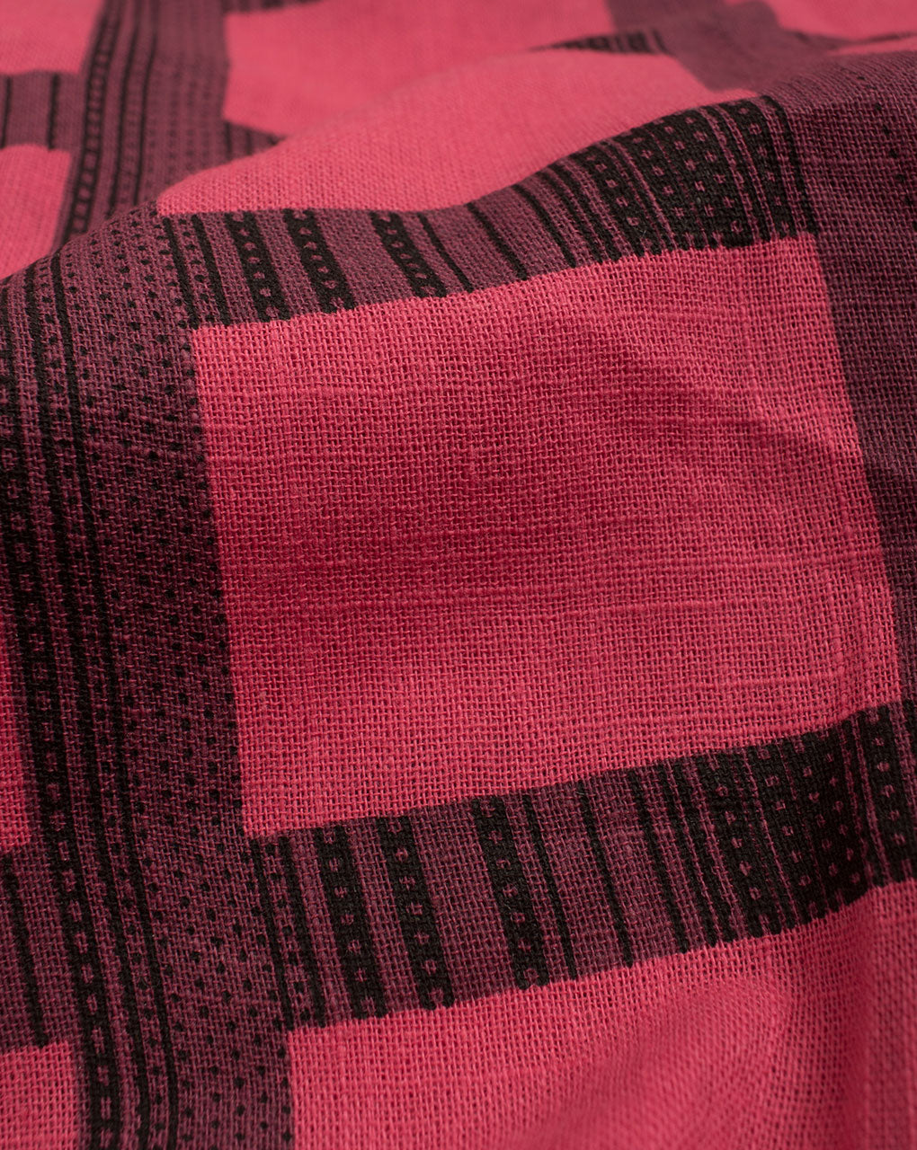 Crimson Black Checks Pattern Screen Print Slub Cotton Fabric - Fabriclore.com