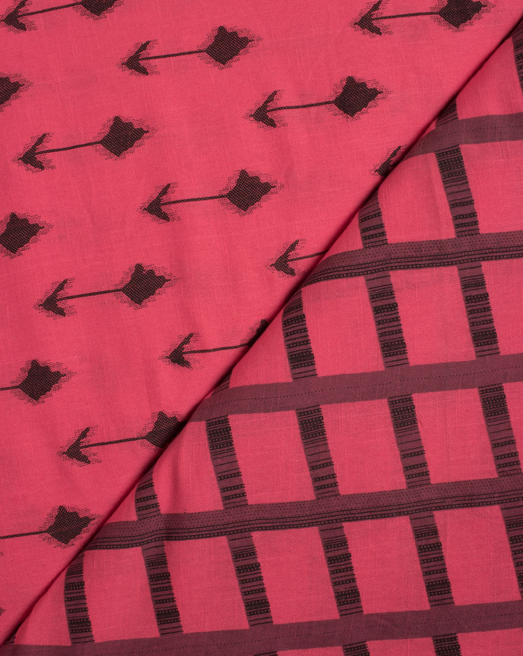 Crimson Black Checks Pattern Screen Print Slub Cotton Fabric - Fabriclore.com