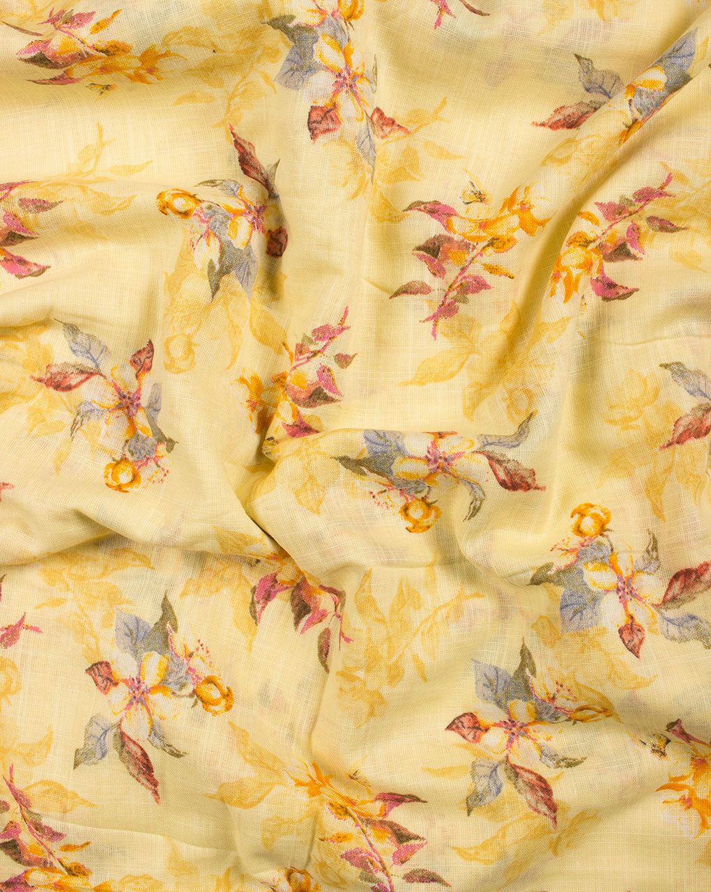 Yellow Grey Floral Screen Print Slub Cotton Fabric - Fabriclore.com
