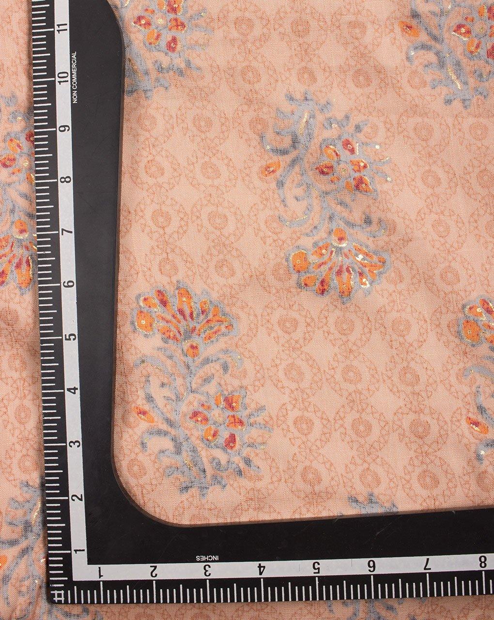 ( Pre-Cut 1.5 MTR ) Peach Grey Floral Foil Screen Print Slub Rayon Fabric - Fabriclore.com