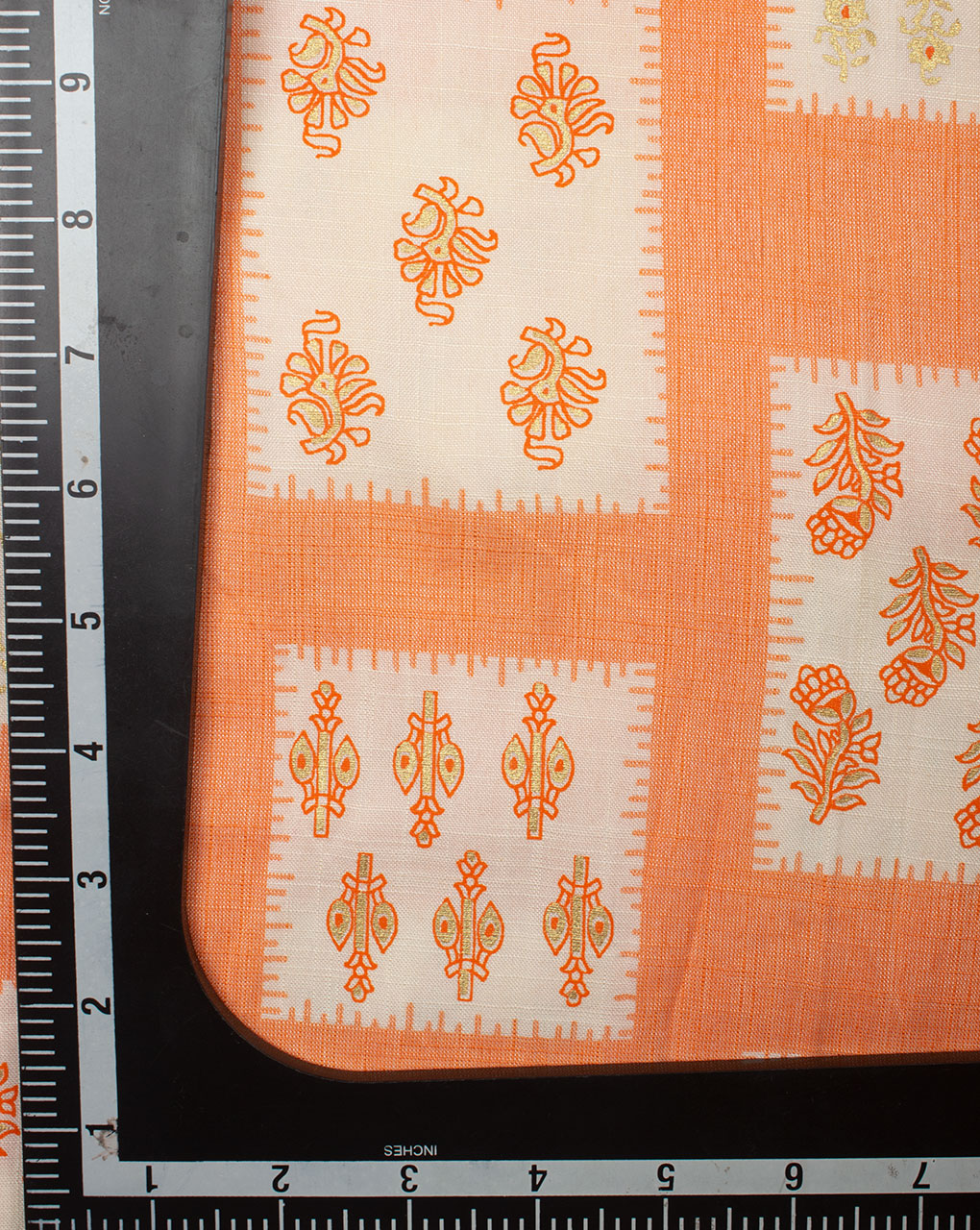 Orange Off-White Booti Pattern Foil Screen Print Slub Rayon Fabric - Fabriclore.com