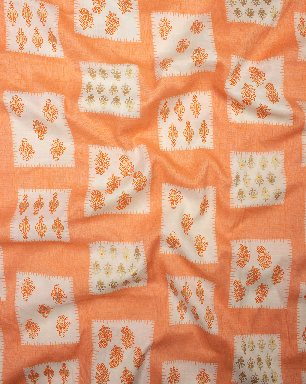 Orange Off-White Booti Pattern Foil Screen Print Slub Rayon Fabric - Fabriclore.com