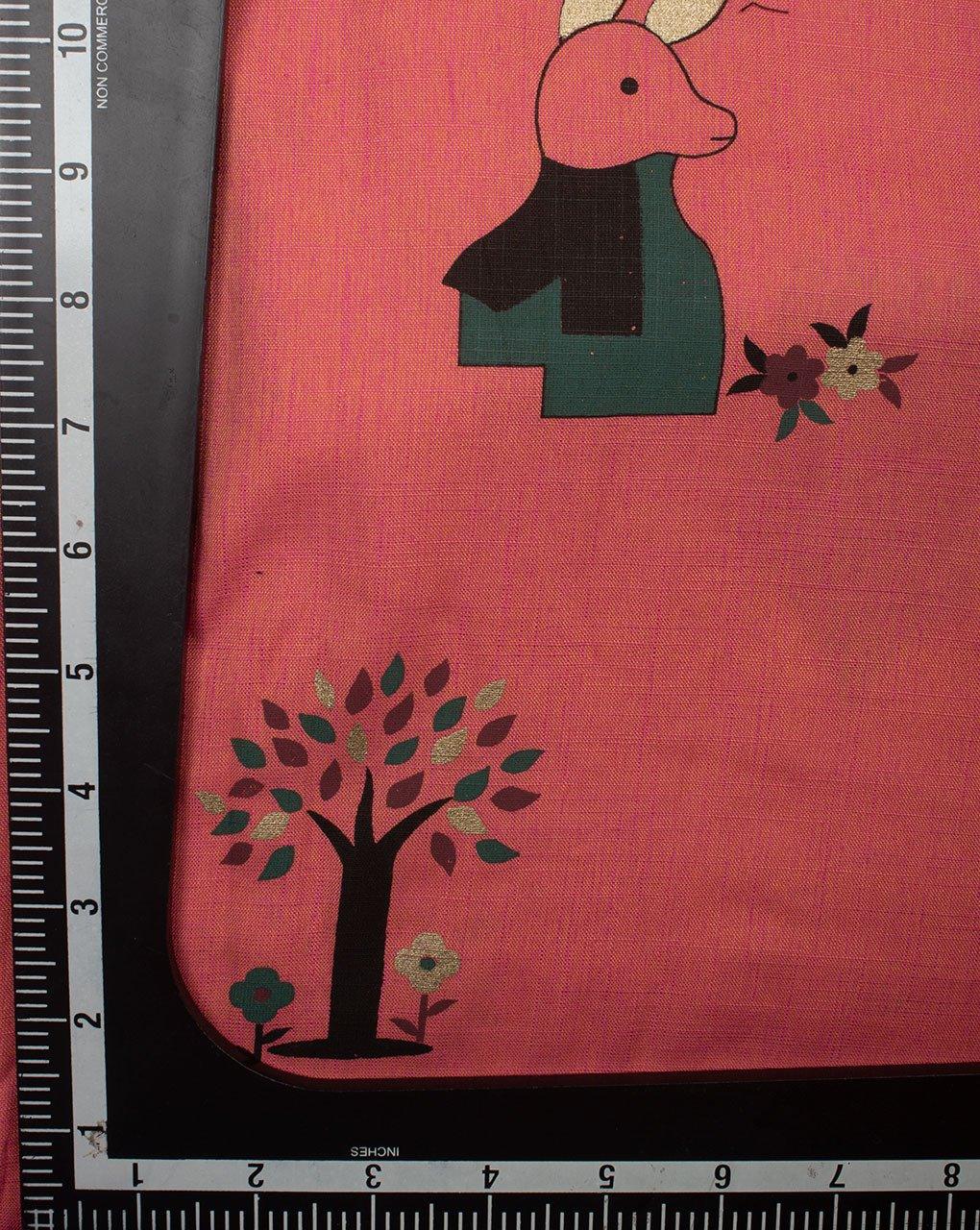 ( Pre-Cut 1.25 MTR ) Salmon Black Objects Pattern Screen Print Slub Rayon Fabric - Fabriclore.com