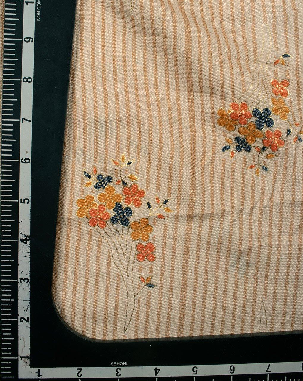 ( Pre-Cut 1 MTR ) Beige Gold Floral Pattern Foil Screen Print Slub Rayon Fabric - Fabriclore.com