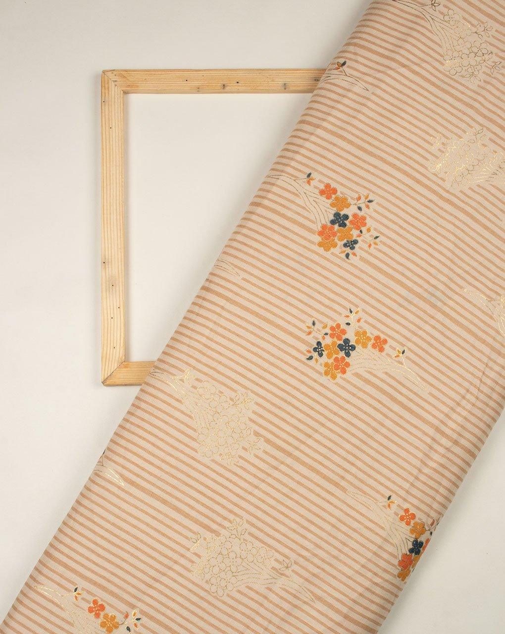 ( Pre-Cut 1 MTR ) Beige Gold Floral Pattern Foil Screen Print Slub Rayon Fabric - Fabriclore.com