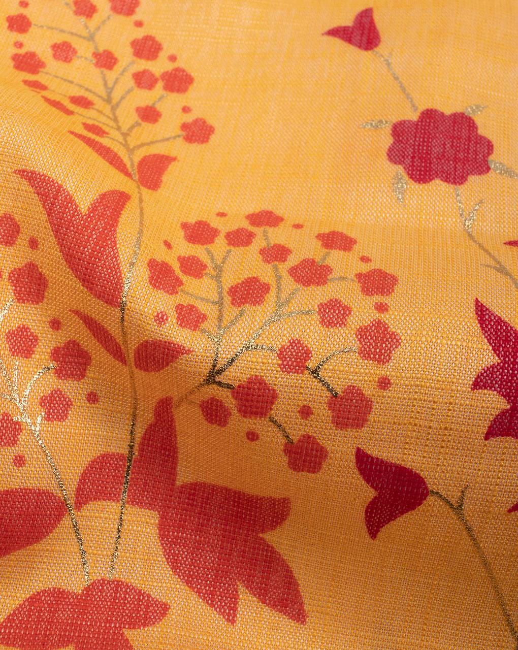 Yellow Red Floral Pattern Foil Screen Print Slub Rayon Fabric - Fabriclore.com