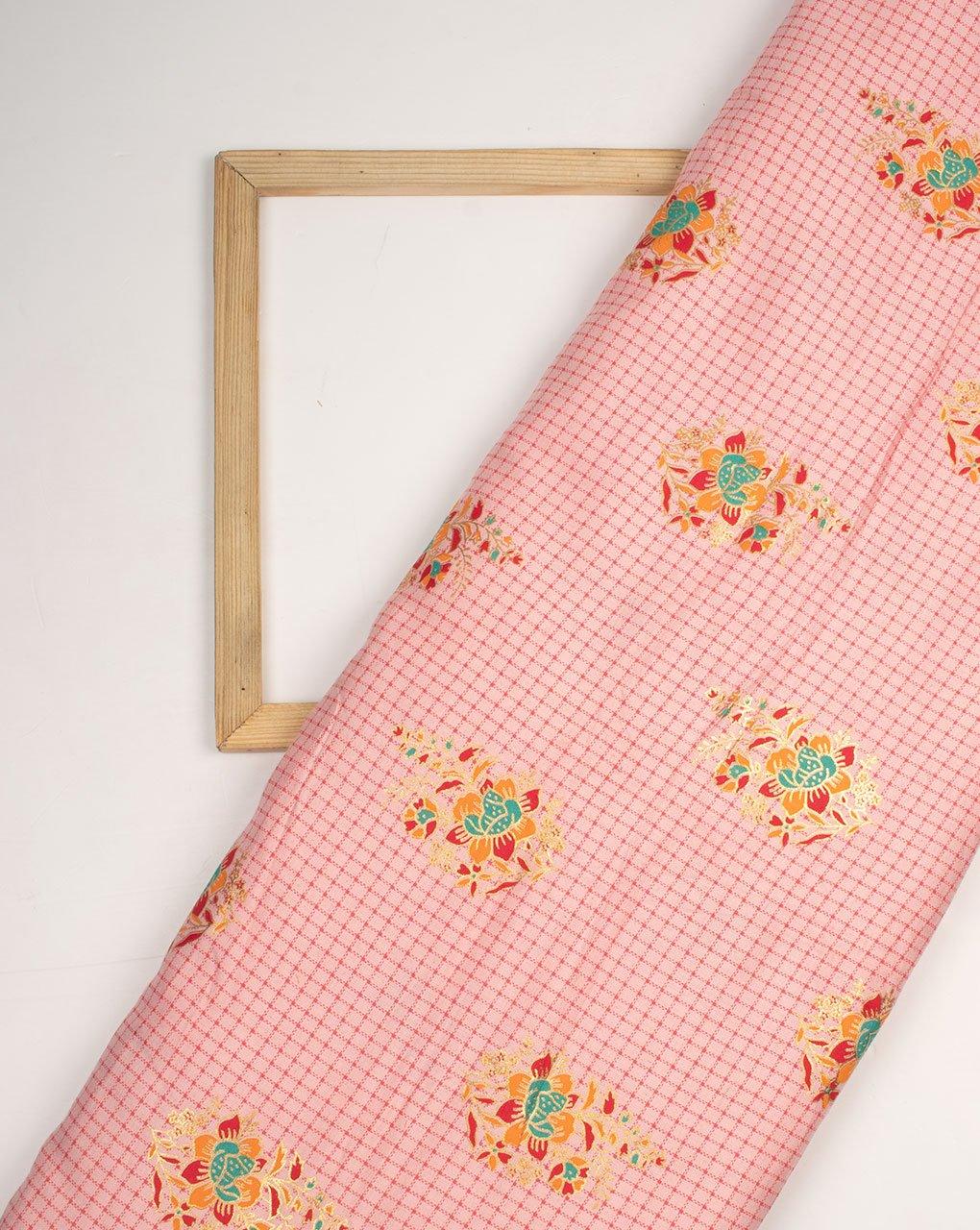 ( Pre-Cut 1.5 MTR ) Pink Red Floral Pattern Foil Screen Print Slub Rayon Fabric - Fabriclore.com