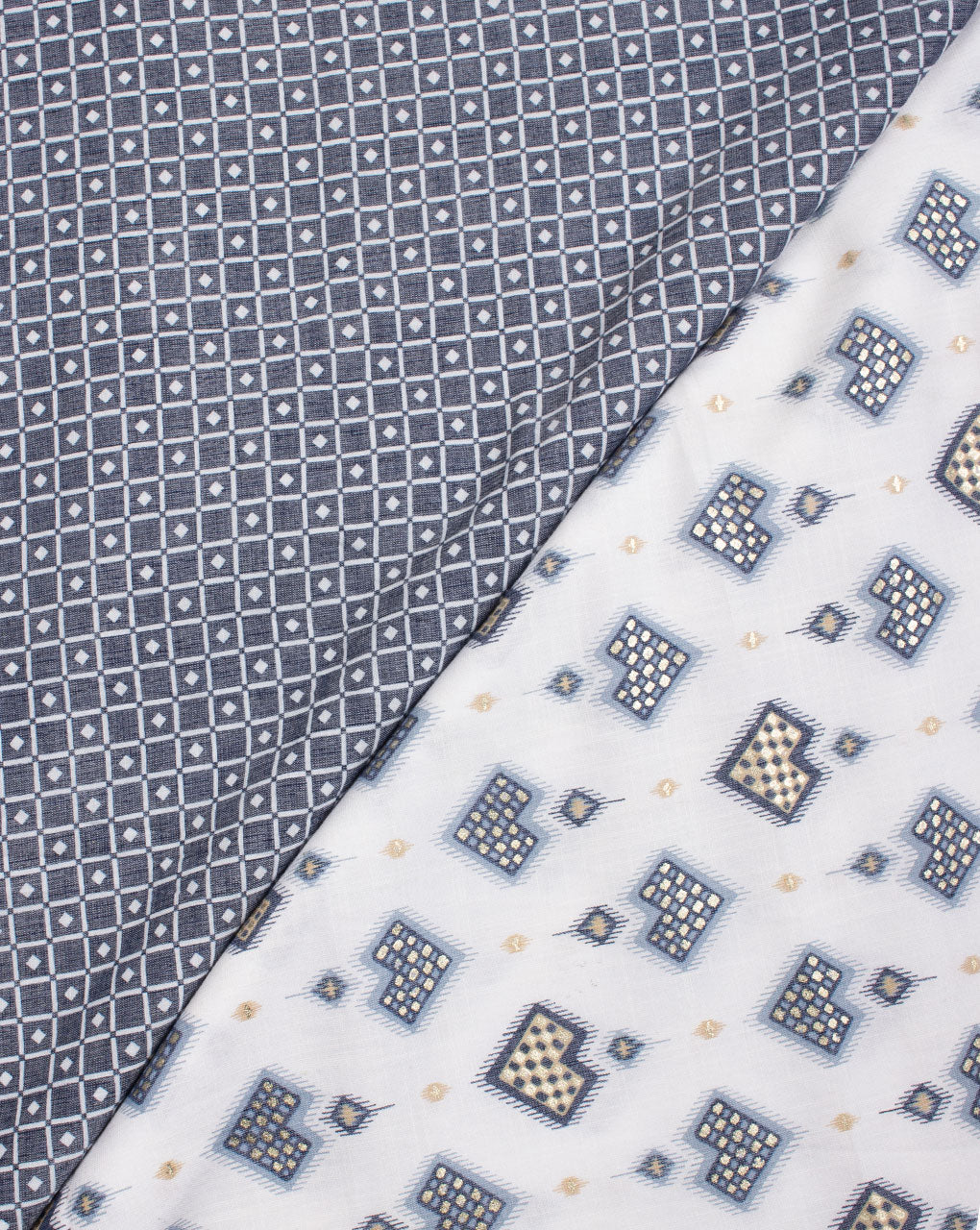Blue Off-White Geometric Pattern Slub Rayon Fabric - Fabriclore.com