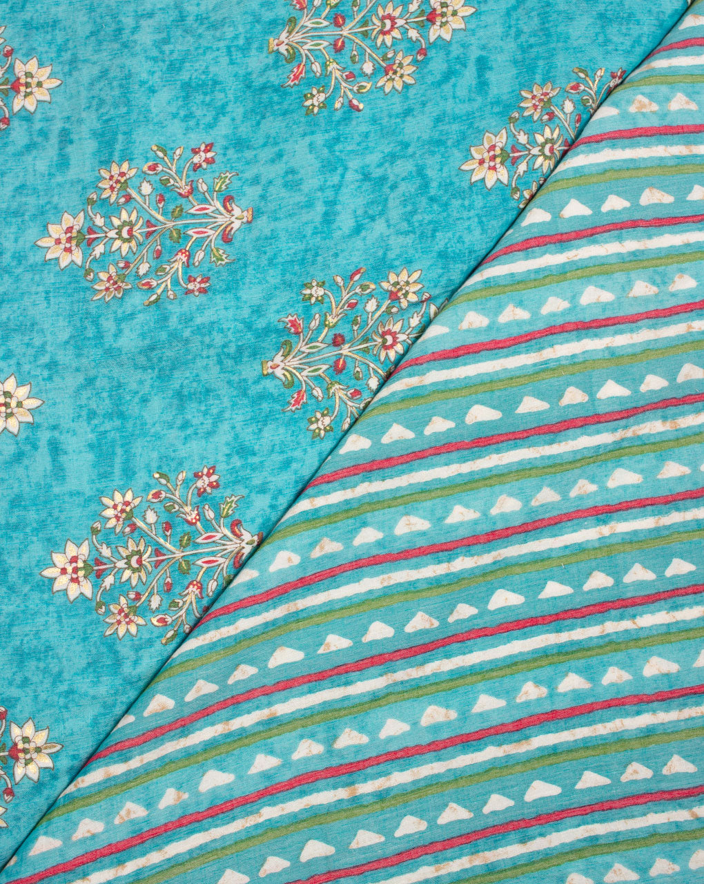 Turquoise Beige Floral Pattern Foil Screen Print Slub Rayon Fabric - Fabriclore.com
