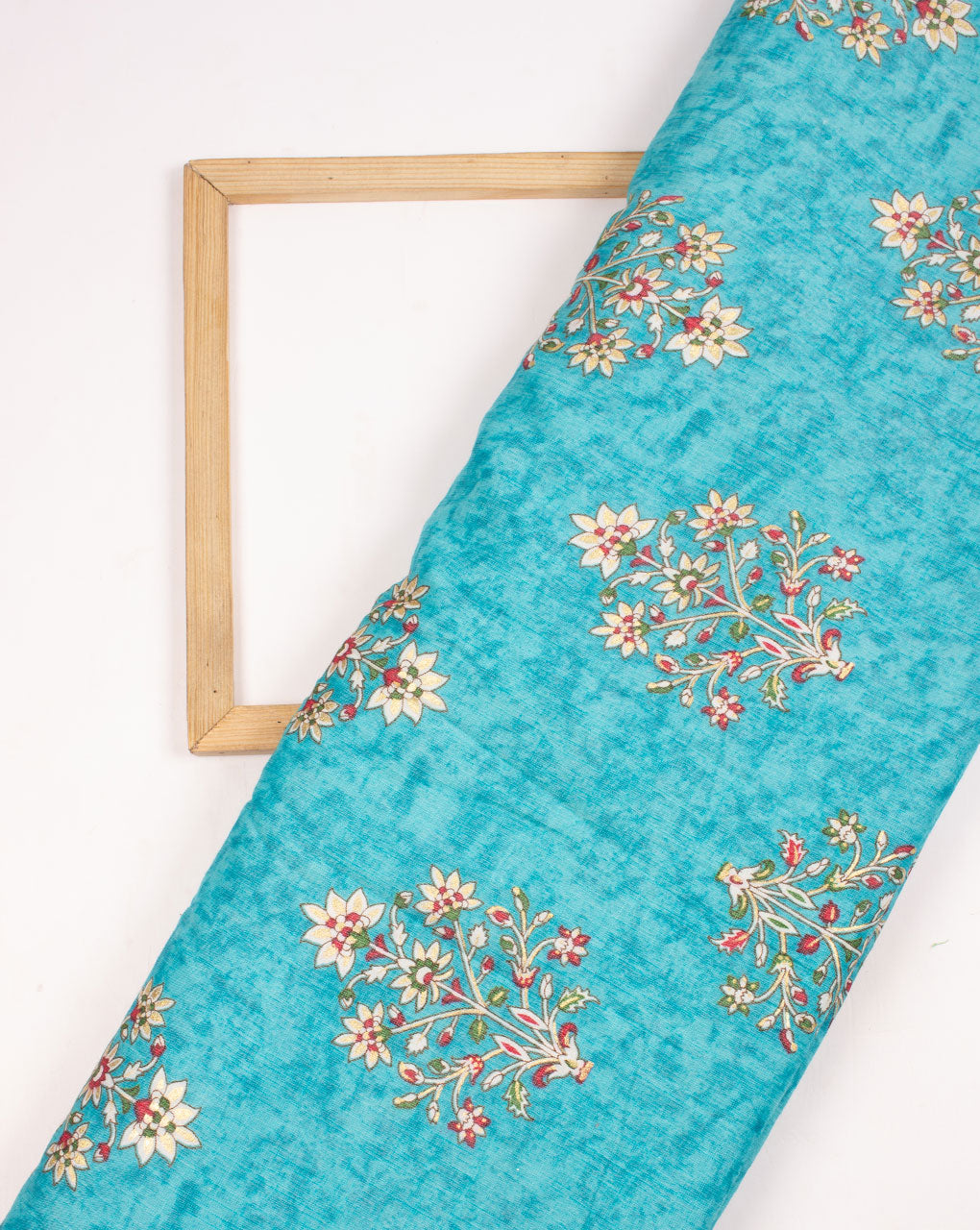 Turquoise Beige Floral Pattern Foil Screen Print Slub Rayon Fabric - Fabriclore.com