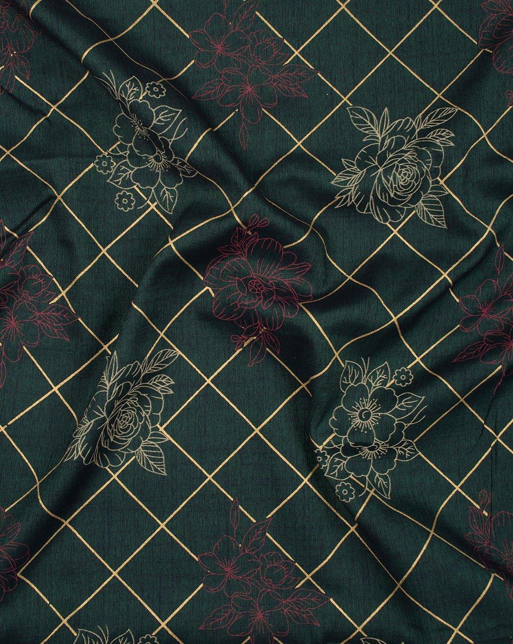 ( Pre-Cut 1.5 MTR ) Teal Gold Floral Foil Screen Print Slub Rayon Fabric - Fabriclore.com