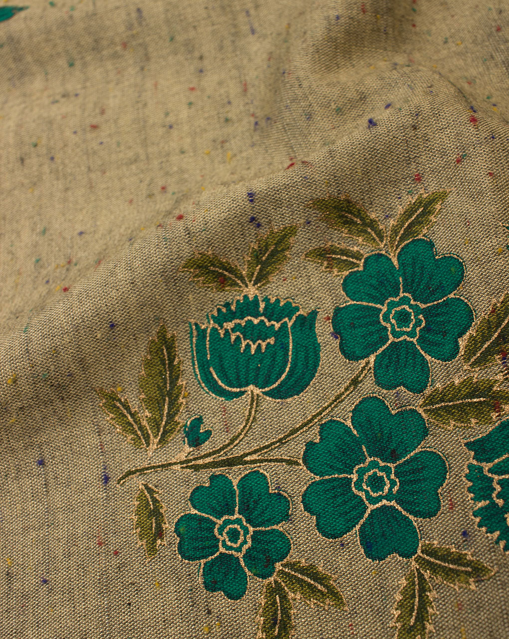 Beige Green Floral Pattern Neps Foil Screen Print Slub Rayon Fabric - Fabriclore.com