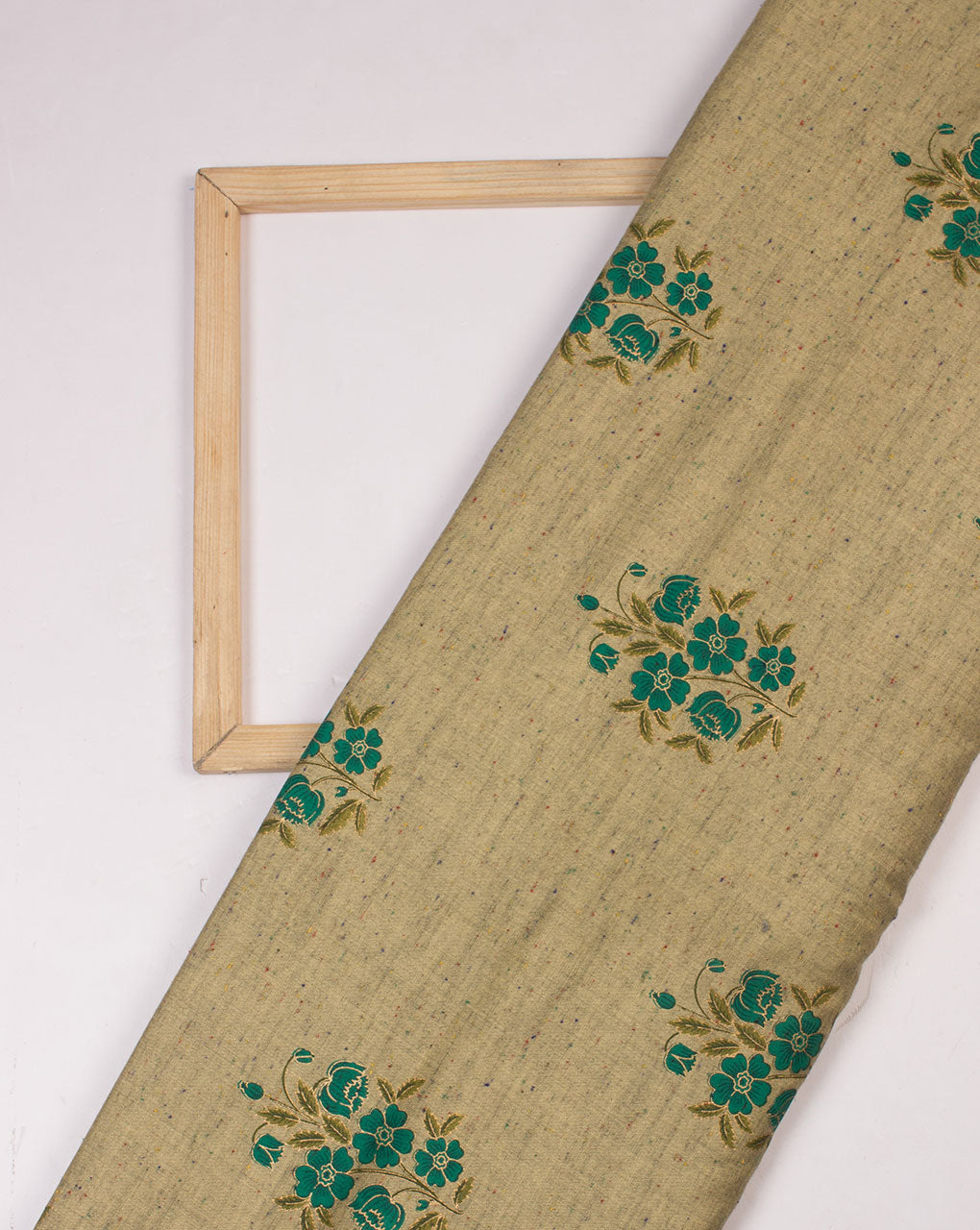 Beige Green Floral Pattern Neps Foil Screen Print Slub Rayon Fabric - Fabriclore.com