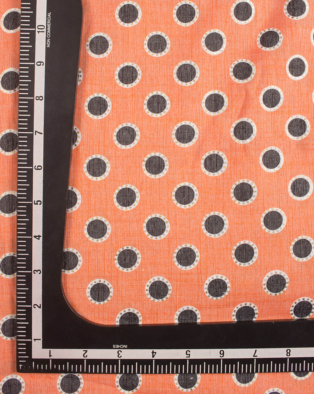 Orange Polka Dots Foil Screen Print Slub Rayon Fabric - Fabriclore.com