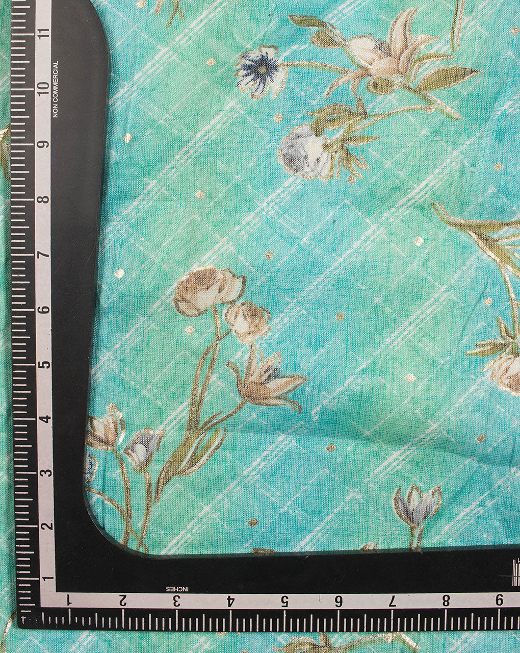 Sea Green Floral Foil Screen Print Slub Rayon Fabric - Fabriclore.com
