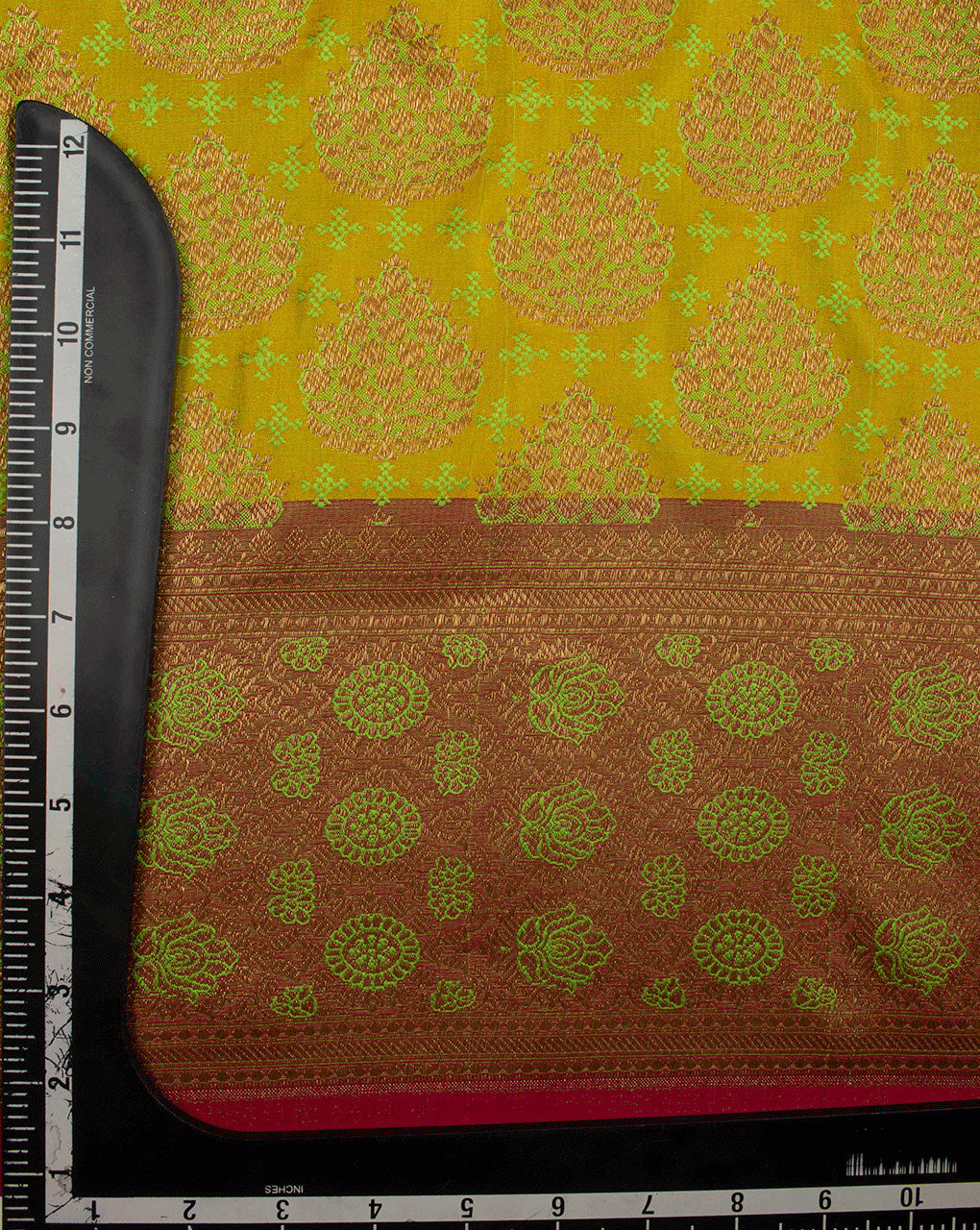 Green & Gold Booti Pattern Zari Work Banarasi Satin Fabric - Fabriclore.com